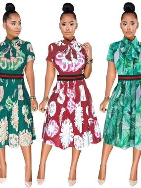 Tie-Neck Floral Midi Dress in Green and Red